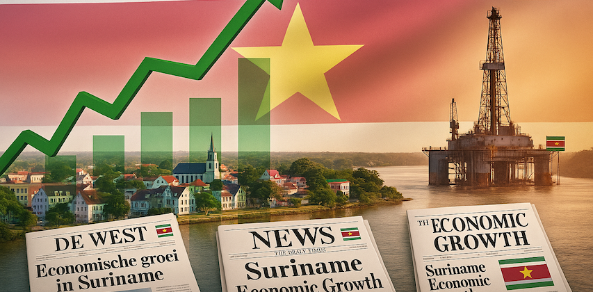 Suriname newspaper headlines on economic growth, alongside a growth chart and oil rig